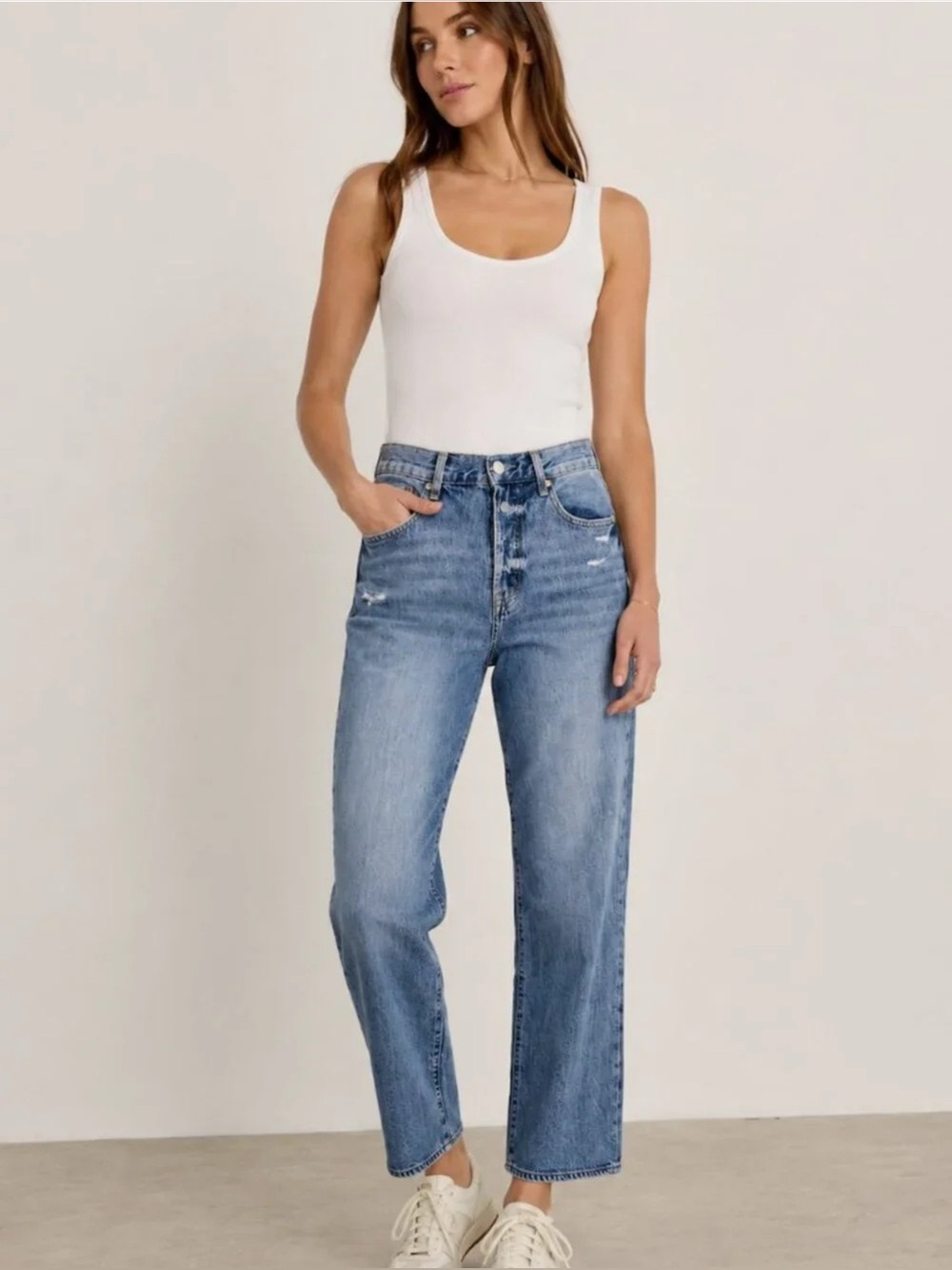 Pistola Cassie Button Fly Distressed Straight Jeans in Medium Wash - Size 27